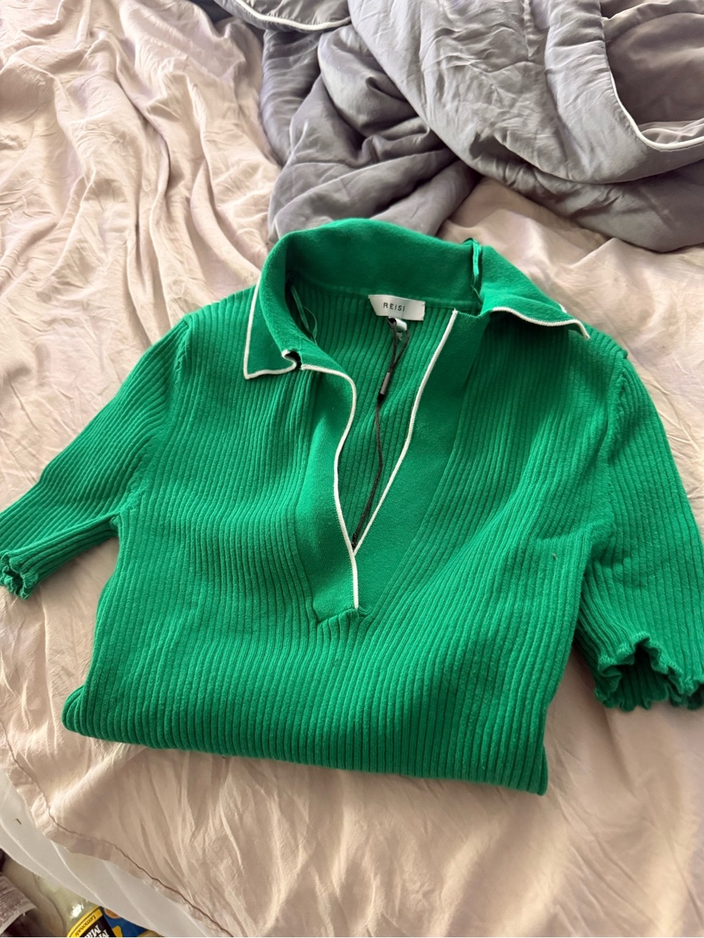 Reiss Green Ribbed Zip Polo with White Trim